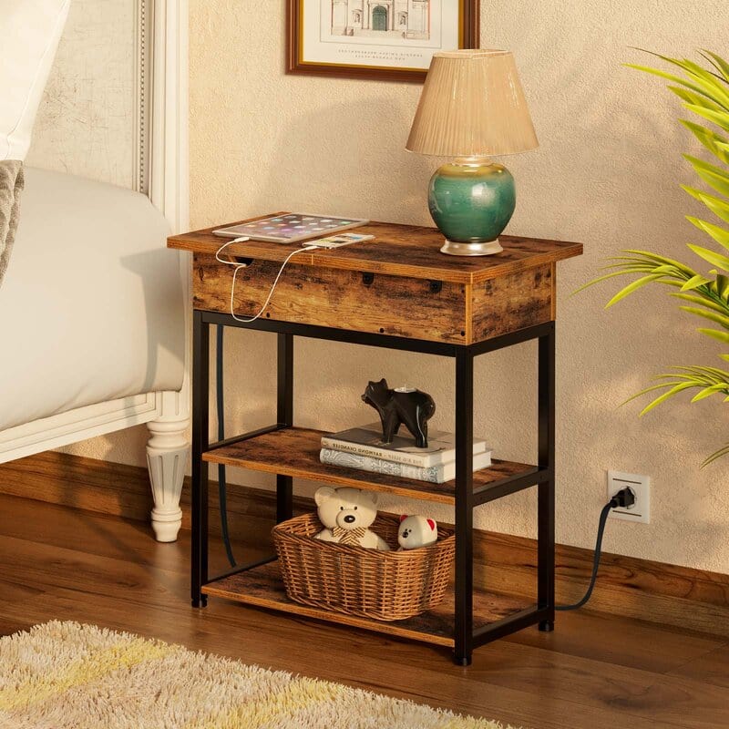 Tall End Table with Storage and Built-In Outlets