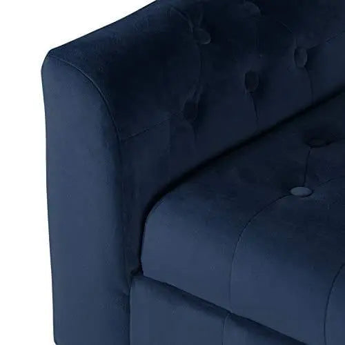 Navy Velvet Storage Bench/Settee Blue Solid Glam Foam Cherry Finish Tufted - Ouch Cart