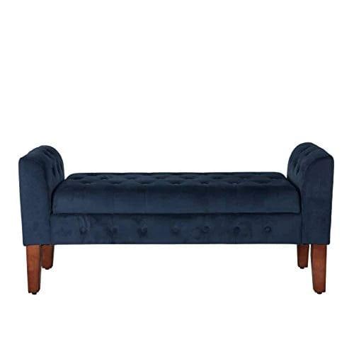 Navy Velvet Storage Bench/Settee Blue Solid Glam Foam Cherry Finish Tufted - Ouch Cart