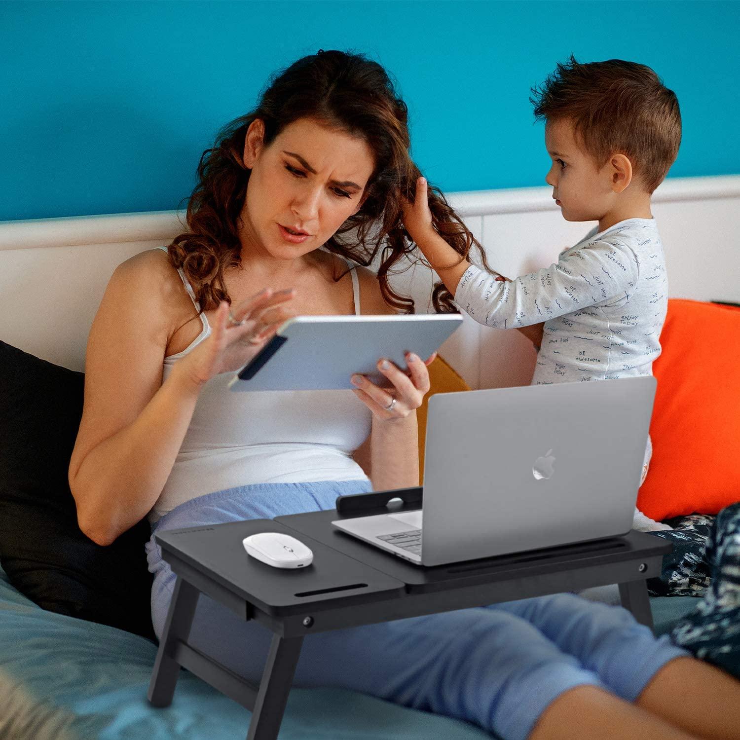 Foldable Laptop Desk Tray, Wooden Breakfast Serving Tray/Study Table with Drawer - Ouch Cart