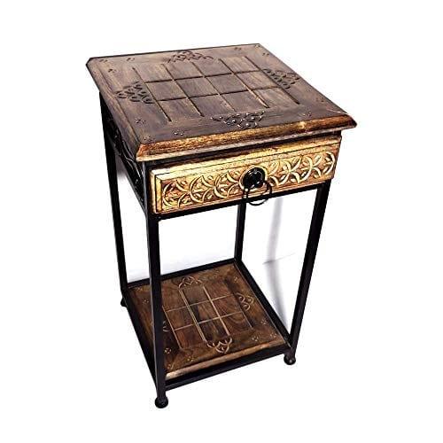 Bedside Table/Sitting Sofa Side Stool with Drawer/Shelf Storage/Natural Wooden Iron Base Medium Size for Bedroom/Living Room/Kitchen Stool (11X11X 19 INCHES) - Ouch Cart