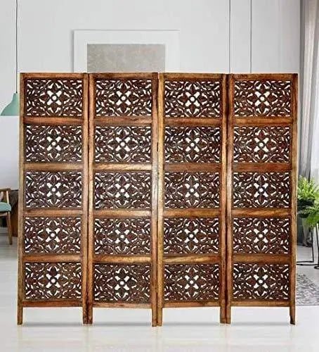Wooden Partition - Solid Wood 4 Panel Room Wooden Partition (Brown) for Living Room - Ouch Cart