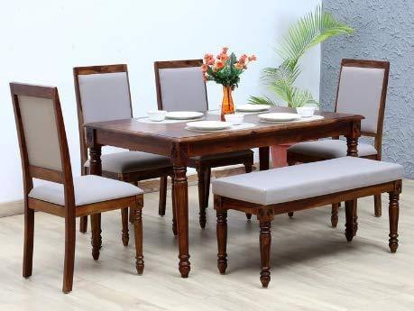 Handmade Six Seater Dining Set with Upholstery Provincial Brown Finishing -OUCH CART