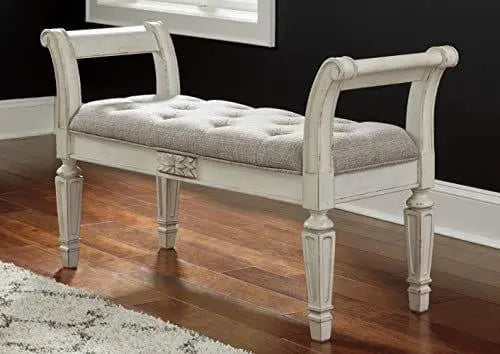 Ashley Realyn French Country Upholstered Tufted Accent Bench, Antique White - Ouch Cart