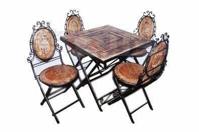 Stylish Wooden & Wrought Iron Folding Table with 4 Chair Set/Easy & Foldable Amazing Coffee Table Set