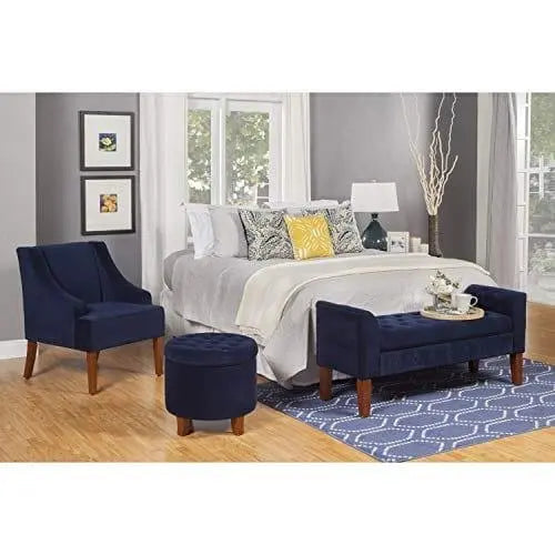 Navy Velvet Storage Bench/Settee Blue Solid Glam Foam Cherry Finish Tufted - Ouch Cart