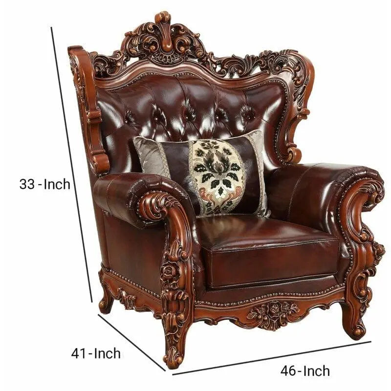 Royal Carved Wide Tufted Arm Chair Sofa (Teak Wood, Dark Brown) - Ouch Cart