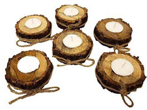 BARK STYLE CANDLE HOLDER WITH CANDLES II WOODEN CANDLE HOLDER ( SRT OF 6 ) - Ouch Cart