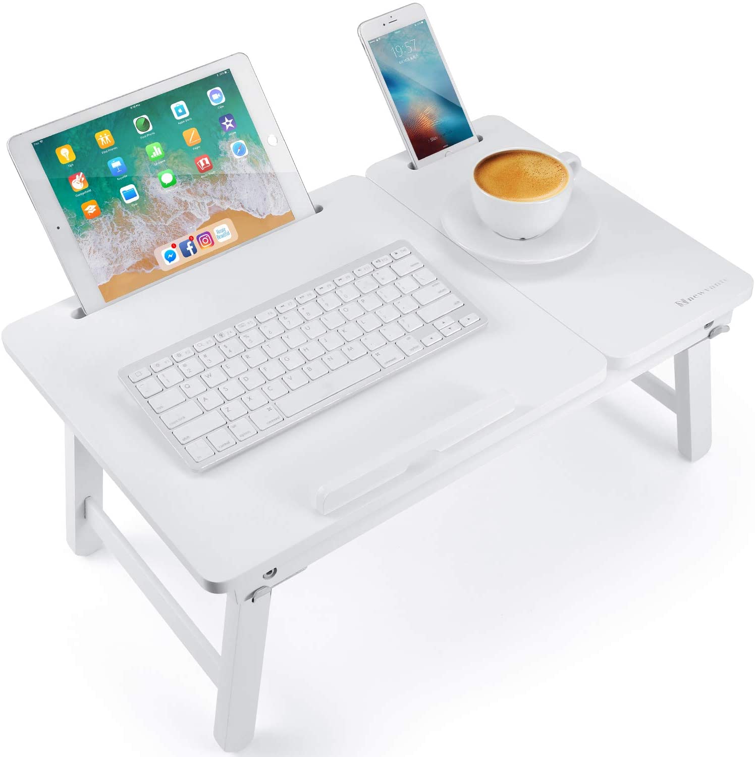 Foldable Laptop Desk Tray, Wooden Breakfast Serving Tray/Study Table with Drawer