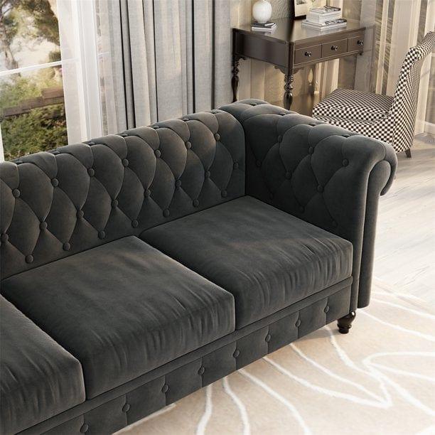 3 Seater Chesterfield Couch Furniture,Classic Velvet Upholstered Sofa with Deep Tufted Back and Scroll Arms - Ouch Cart