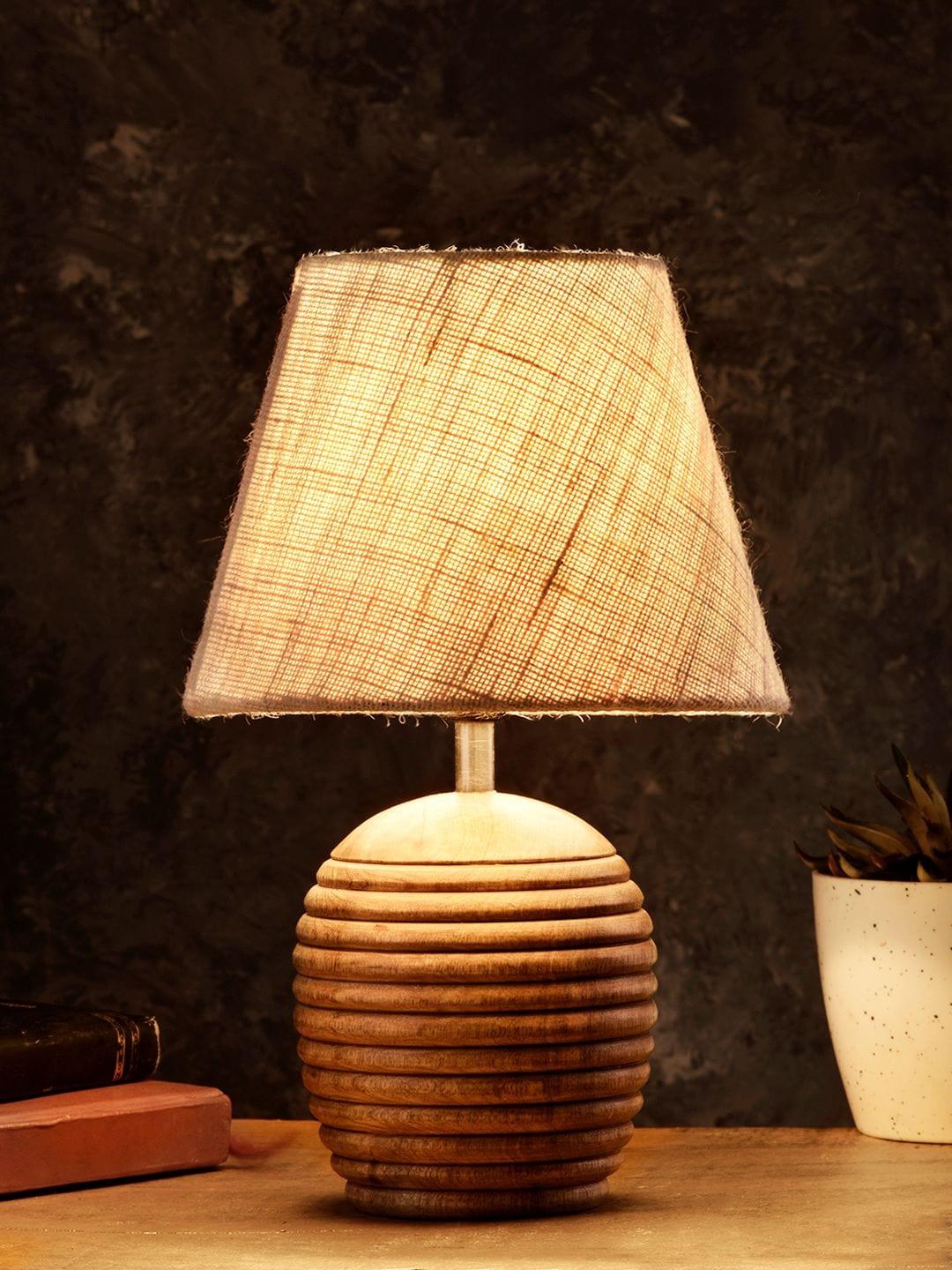 Striped Wooden Brown Lamp with White Jute Shade - Ouch Cart