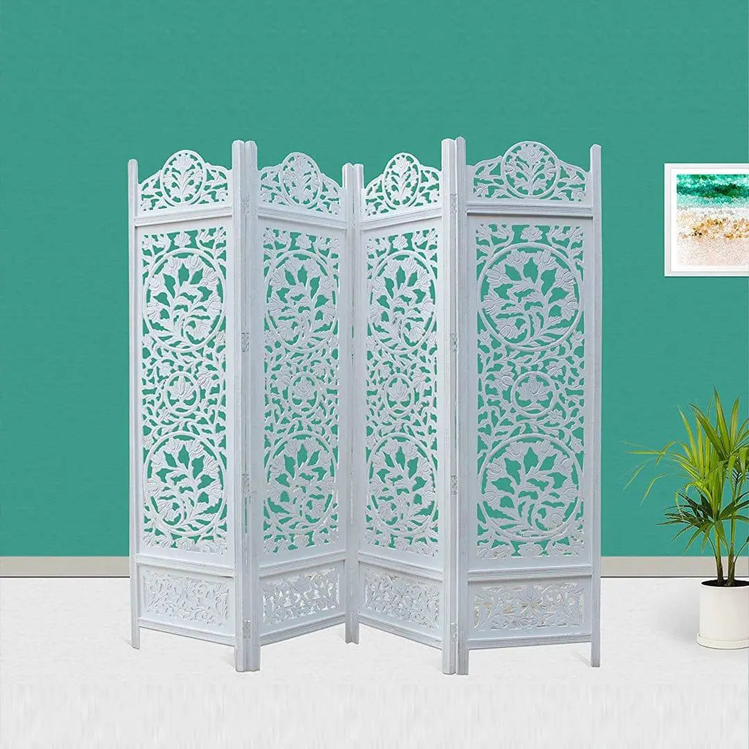4 Panel Wooden Partition for Living Room & Office in White Colour - Ouch Cart