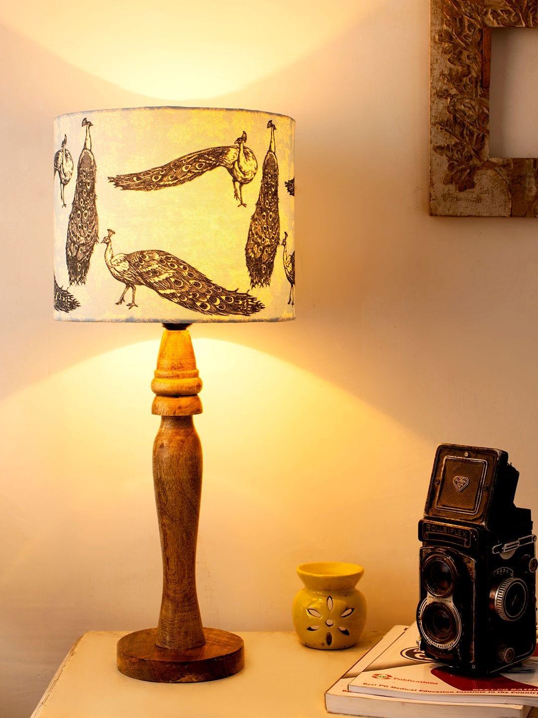 Wooden Peacock Print Lamp - Ouch Cart