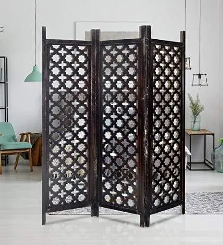 Solid Wood 3 Panel Room Wooden Partition (Brown) for Living Room - Ouch Cart