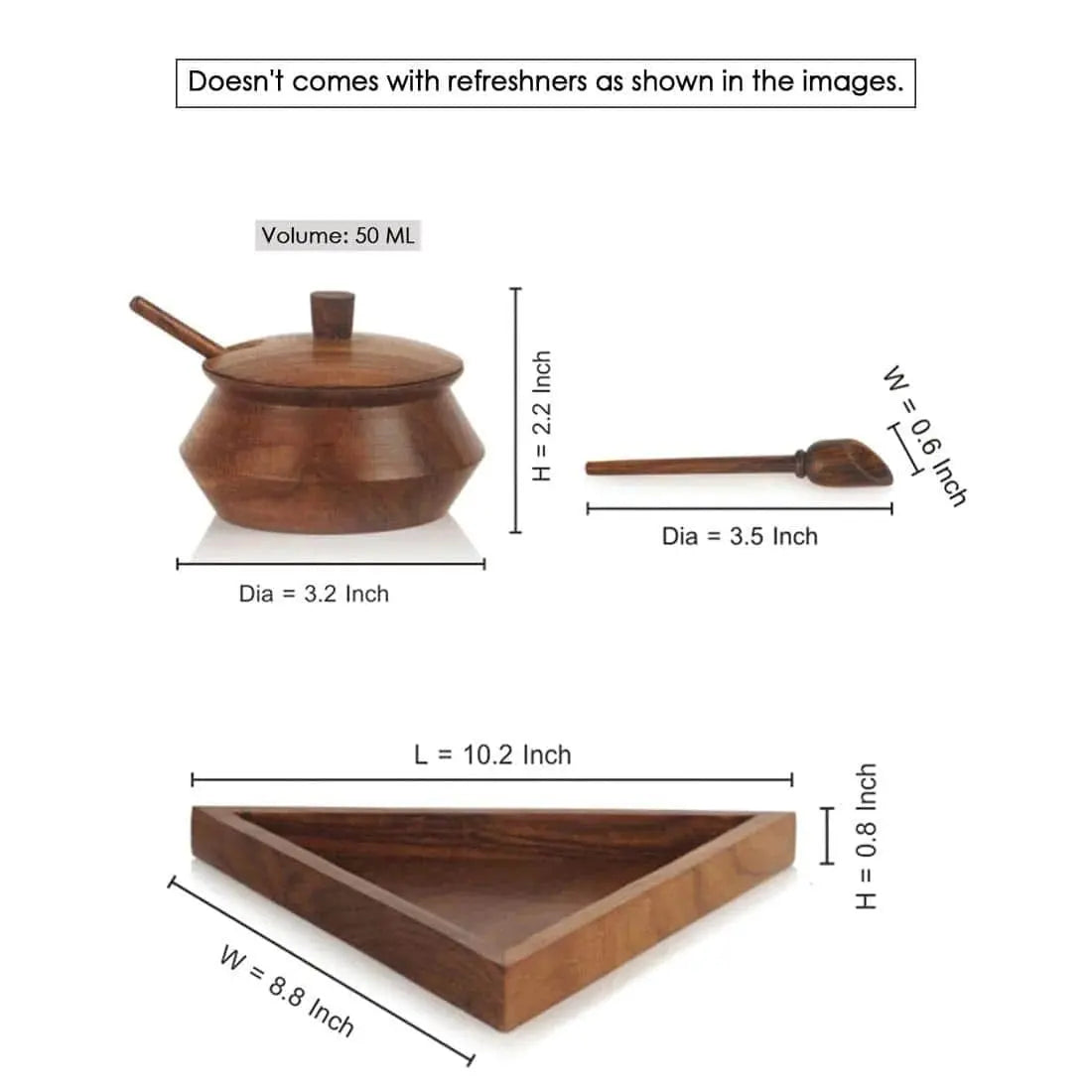 SHEESHAM WOOD TRIANGULAR CONTAINER TRAY SET WITH SPOONS - Ouch Cart