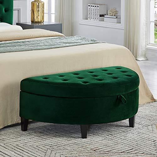 Velvet Upholstered Tufted Button Half Moon Storage Bench Large Ottoman Soft Padded Seat Dressing Shoe Bench - Ouch Cart