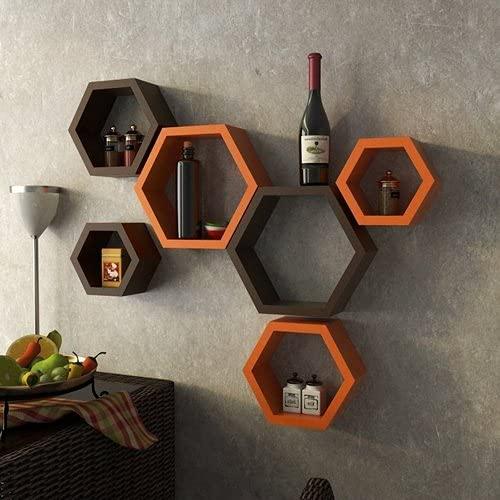 Wall Shelves - Wooden Shelf Home Decor Items Rack for Living Room, Bedroom, Kitchen Corner, Office (Set of 6) Size- Standard | Colour- Orange & Brown) - Ouch Cart