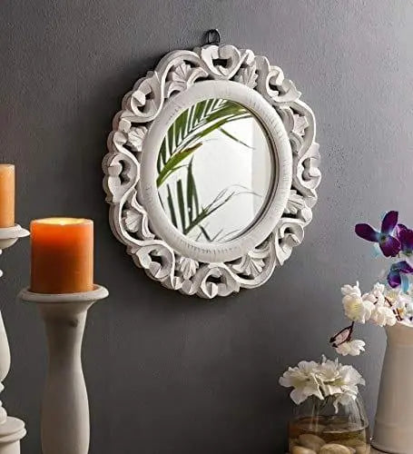Wood Hand Crafted Round Shape Vanity Wall Decorative Mirror Glass for Living Room, 35X 35 X 1.5 cm (White) (TUS-MR-40) Framed - Ouch Cart