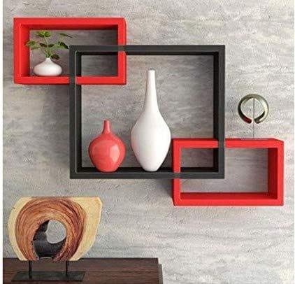 Wooden Wall Shelf For Living Room Stylish | Hanging Book Rack Organizer | Floating Display Showpiece Organizer (Set Of 3 Cubes, Color- Black and Red) - Ouch Cart