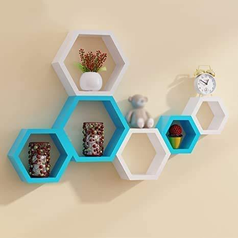 Wall Shelf for Living Room Stylish | Hexagonal Designer Wooden Shelves | Display Rack for Bedroom, Kitchen, Office (Set of 6| Color-White & Sky Blue) - Ouch Cart
