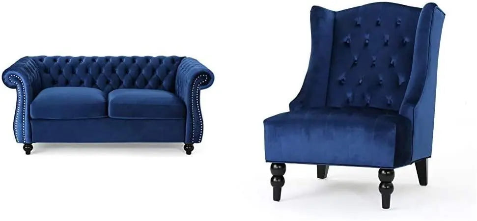 Karen Traditional Chesterfield Loveseat Sofa, Navy Blue and Dark Brown, 61.75 x 33.75 x 27.75 & Toddman High-Back Velvet Club Chair, Navy Blue - Ouch Cart