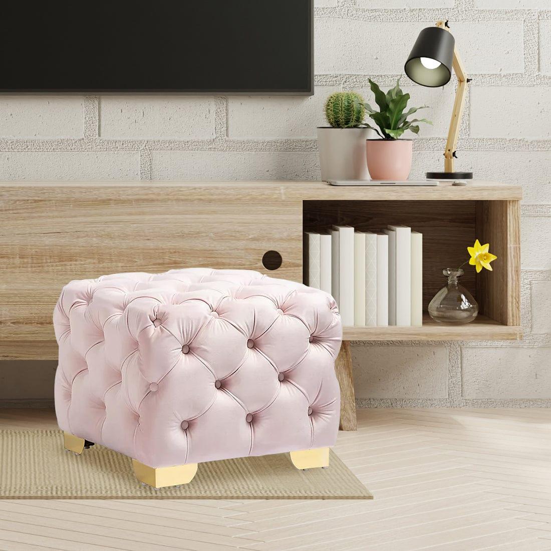 DOE BUCK SQUARE VELVET OTTOMAN/POUFEE IN PINK /GOLD - Ouch Cart