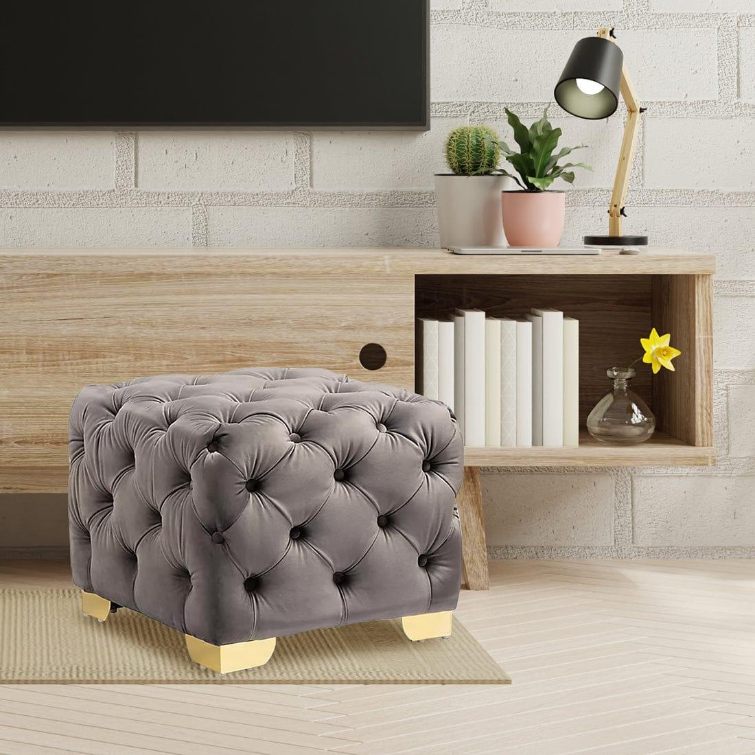 DOE BUCK SQUARE VELVET OTTOMAN/POUFEE IN GREY /GOLD - Ouch Cart