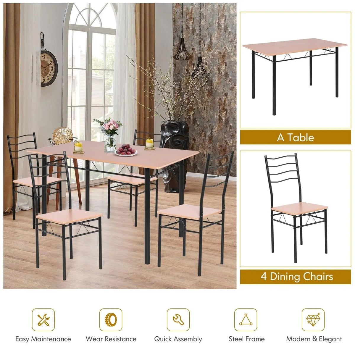 5-Pieces Dining Table Set 4 Chairs MDF Metal Frame- Ouch Cart