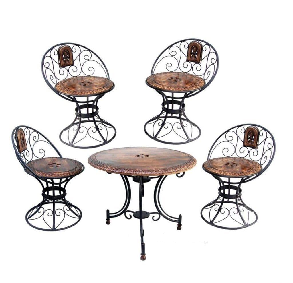 wooden & iron standard carved decorative folding table with 4 chair set/garden coffee table set - Ouch Cart