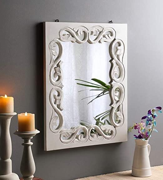 Wood Handcrafted Wall Mirror for Bedroom Home Decor Living Room Bathroom, (60 X 45 X2.2 cm, White) - Ouch Cart