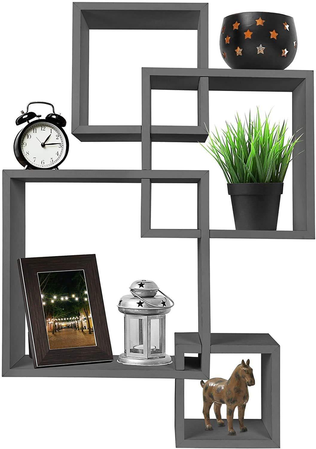 Wooden Wall Shelf for Living Room Stylish | Hanging Book Rack Organizer | Floating Display Showpiece Organizer (Set of 4 Cubes, Color- Grey) - Ouch Cart