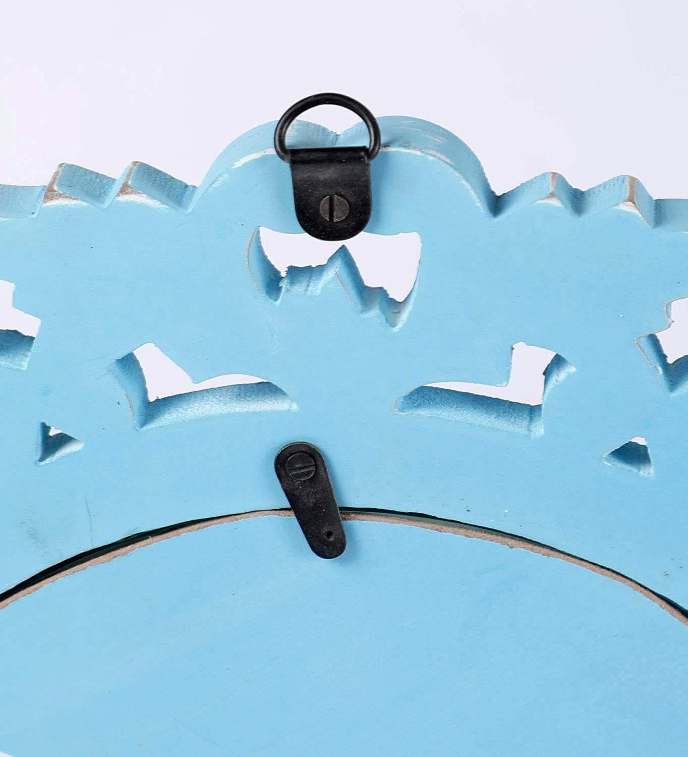 Wood Hand Crafted Round Shape Vanity Wall Mount Mirror Glass-Blue, 35X 35 X 1.5 cm, Framed - Ouch Cart