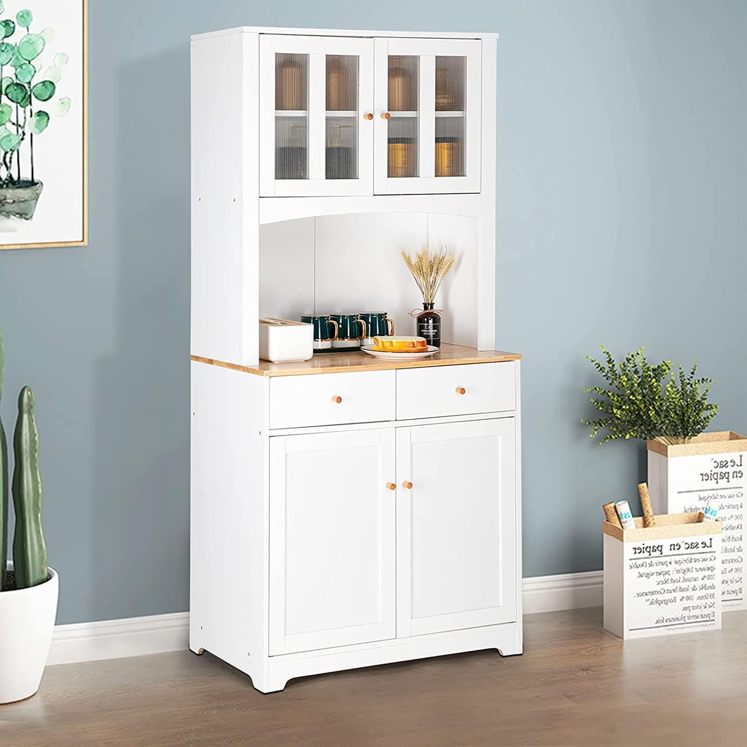 Buffet Cabinet with Hutch Kitchen Pantry Storage Cabinet White Sideboard for Kitchen Storage Microwave Cabinet with Storage, 4 Doors, 2 Adjustable Shelves & 1 Drawers - Ouch Cart