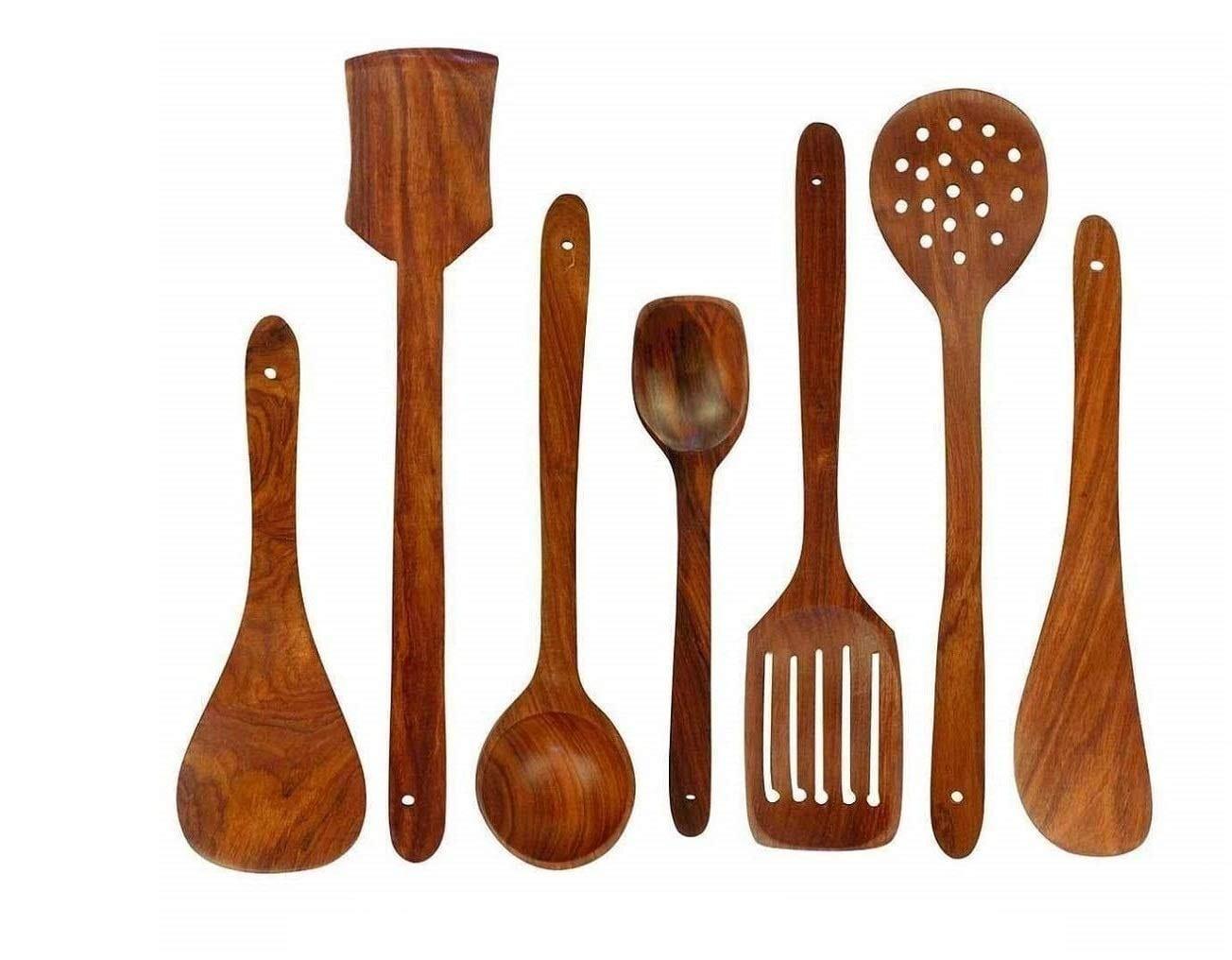 7 PCS Wooden Spoons and Spatula for Cooking, Sleek, Sold and Non-Stick Cookware for Home Use and Kitchen Décor - Ouch Cart