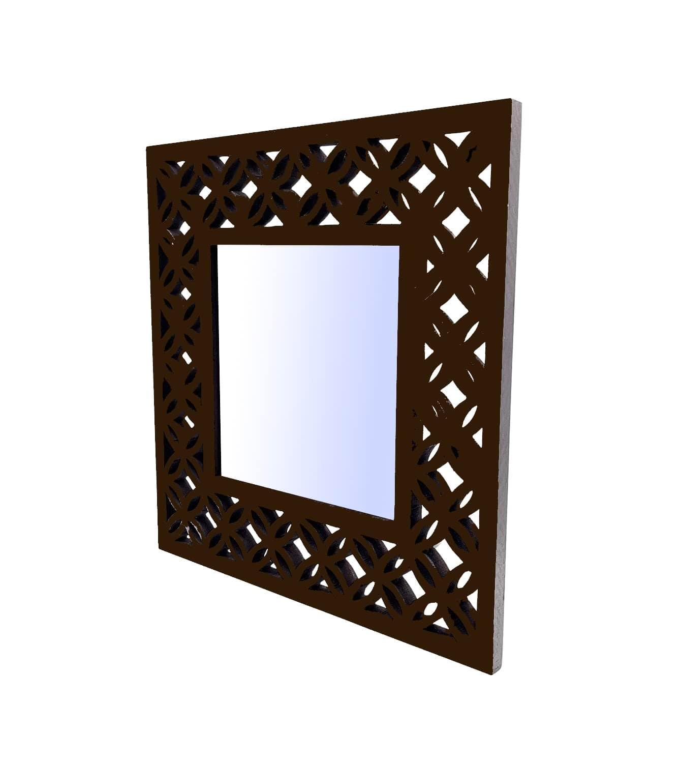 Decorative & Hand Crafted Wooden Wall Mirror in Walnut Finish ( 45 x 45 cm) - Ouch Cart