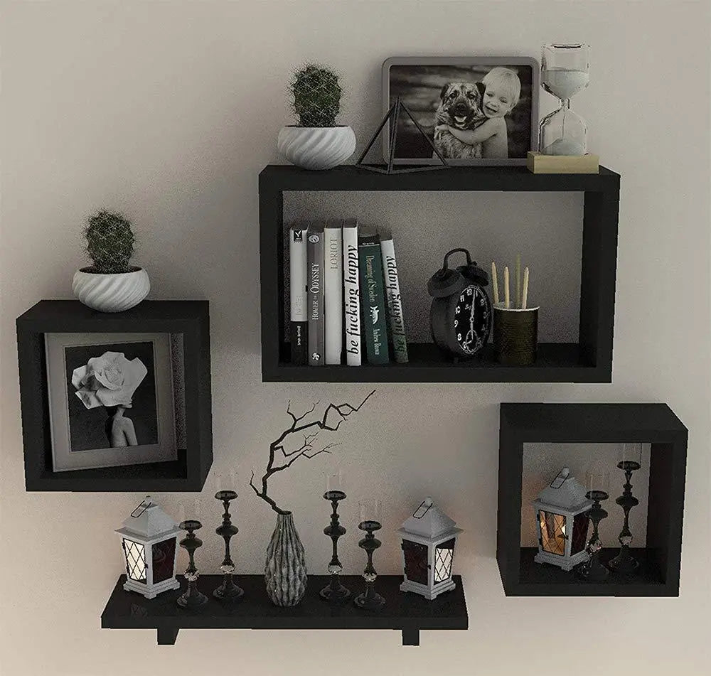 Wooden Floating Wall Shelf with 4 Shelves - MDF Wall Mounted Shelf for Living Room, Bedroom, Office Decor - Ouch Cart