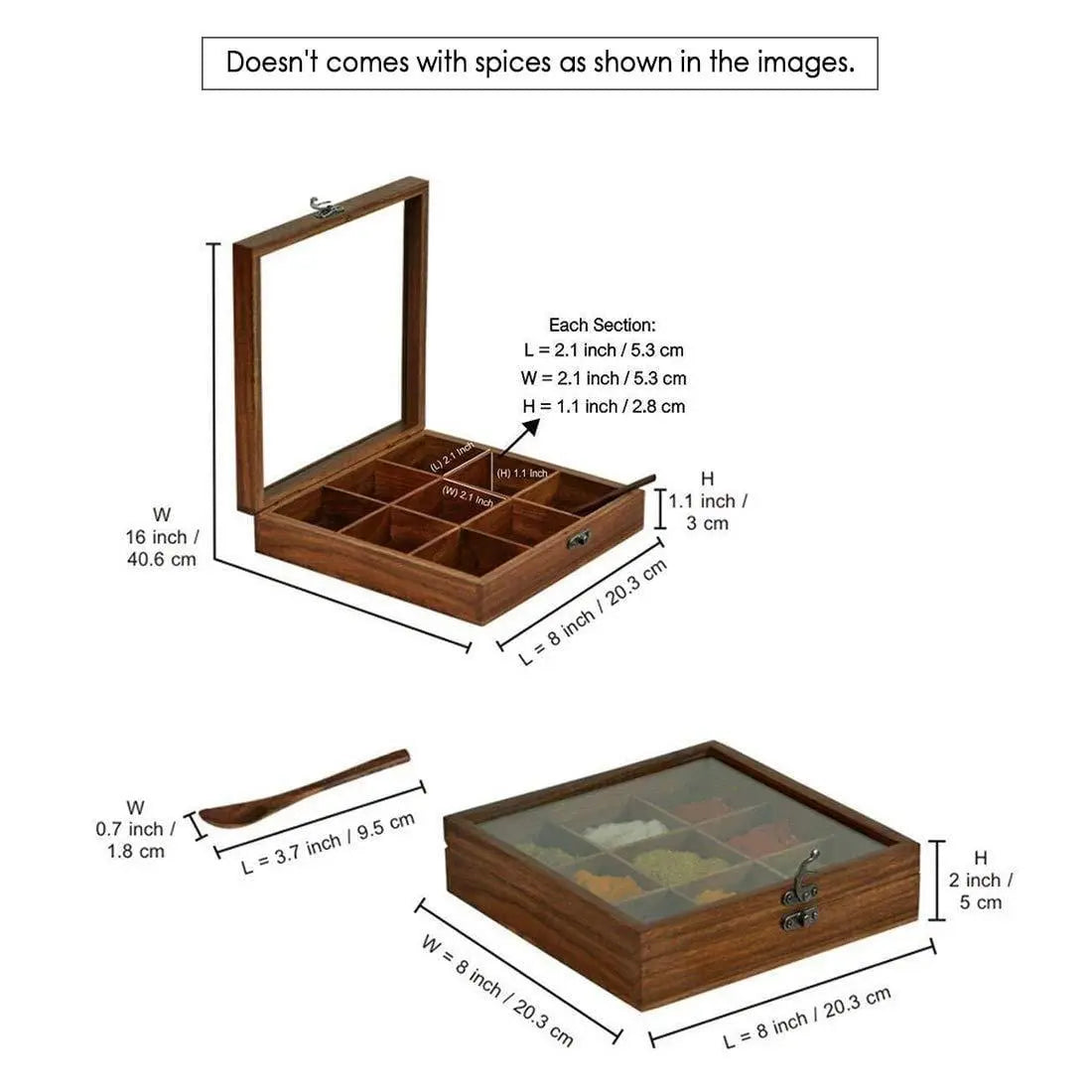 Sheesham Wooden Table Top Masala Dabba Containers Jars Cum Kitchen Spice Box with Spoon (Brown) - Ouch Cart
