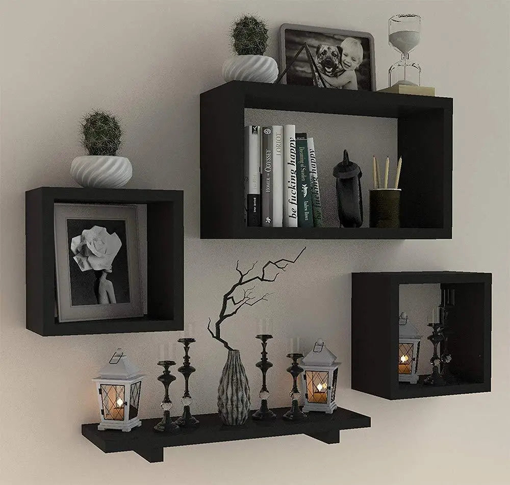 Wooden Floating Wall Shelf with 4 Shelves - MDF Wall Mounted Shelf for Living Room, Bedroom, Office Decor - Ouch Cart
