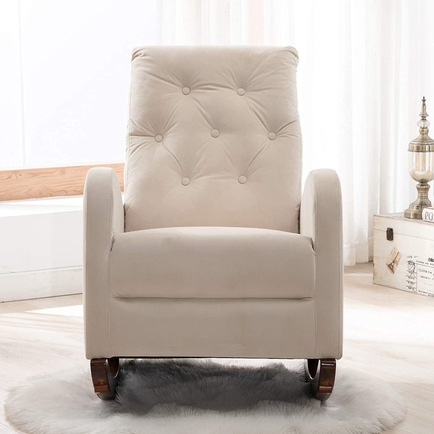 Rocking Chair Mid-Century Modern Nursery Rocking Armchair Upholstered Tall Back Accent Glider Rocker for Living Room - Ouch Cart