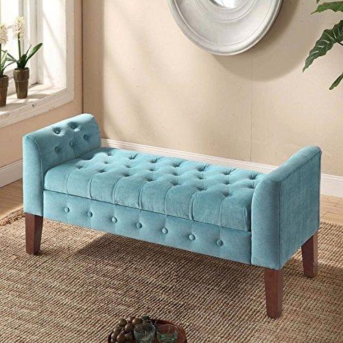 Fabric Velvet Tufted Storage Bench Settee - With Wood Legs, Teal - Ouch Cart