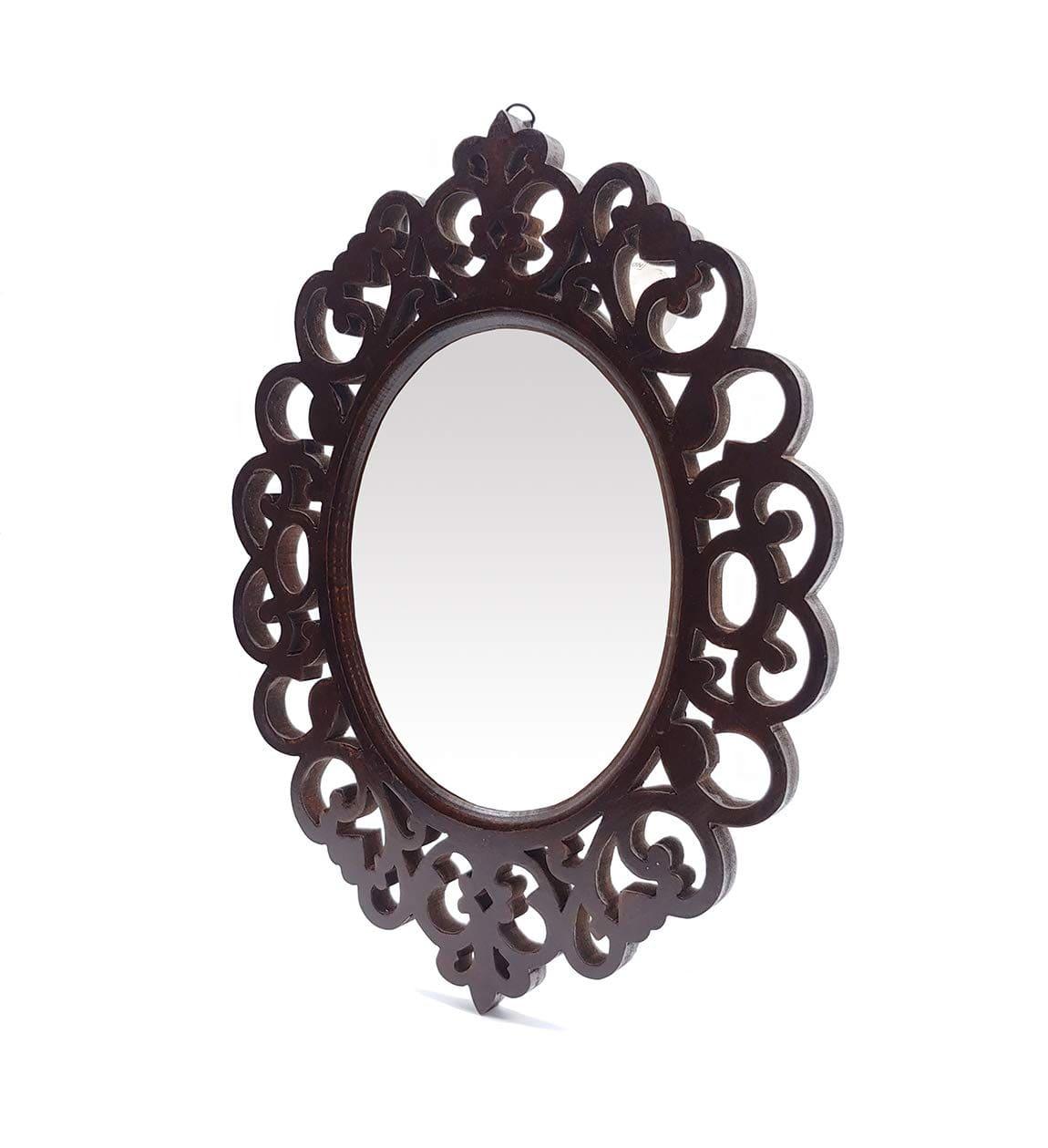 Engineered Wood Oval Decorative Wall Mount Mirror (18 x 14 inch, Brown), Model: TUS-MR-47, Framed - Ouch Cart