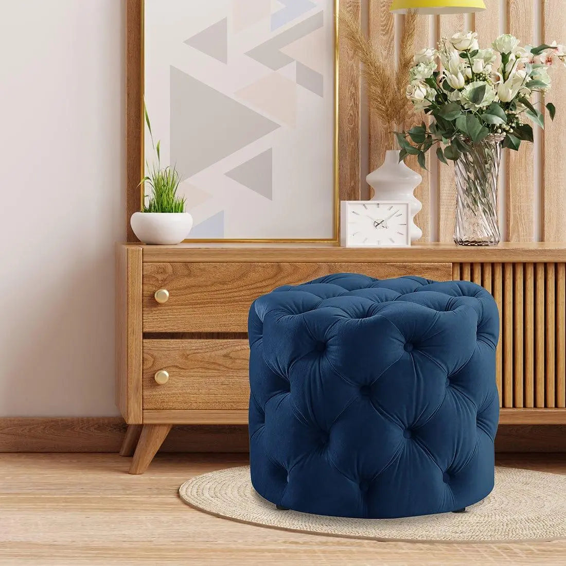 DOE BUCK ROUND TUFTED VELVET OTTAMAN/POUFEE IN ROYAL BLUE - Ouch Cart