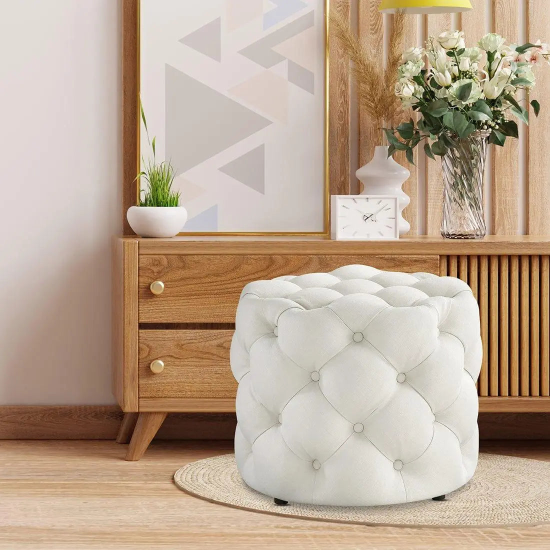 DOE BUCK ROUND TUFTED VELVET OTTAMAN/POUFEE IN WHITE - Ouch Cart