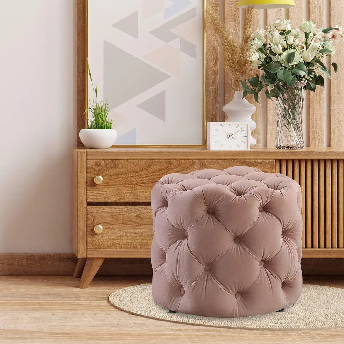 DOE BUCK ROUND TUFTED VELVET OTTAMAN/POUFEE IN PINK - Ouch Cart