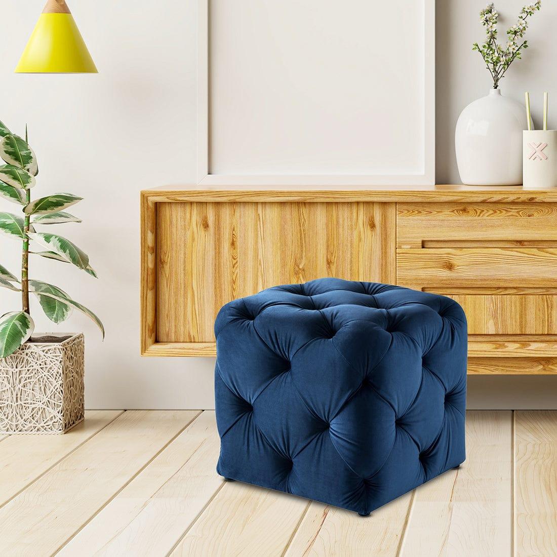 DOE BUCK SQUARE TUFTED VELVET OTTAMAN/POUFEE IN ROYAL BLUE - Ouch Cart