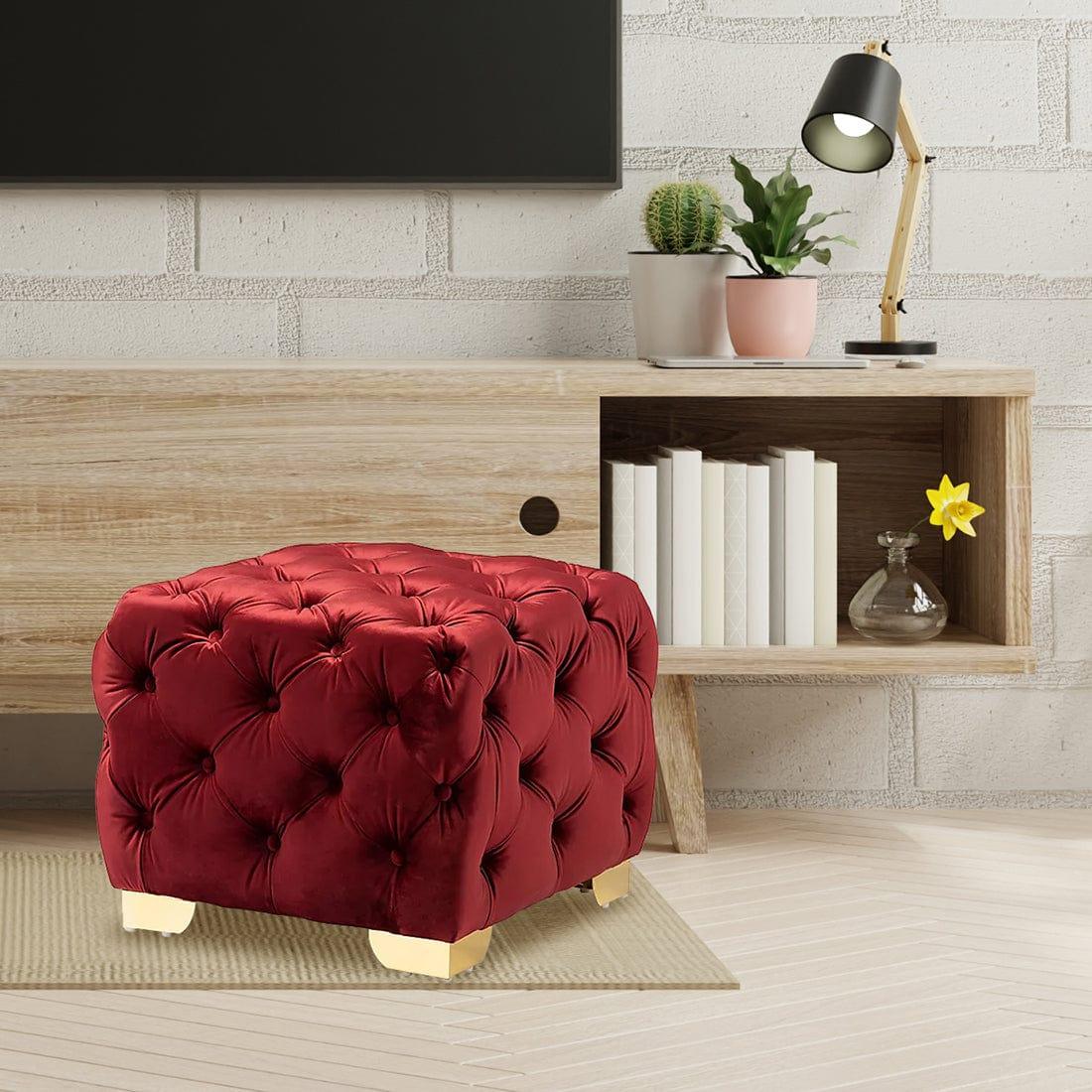 DOE BUCK SQUARE VELVET OTTOMAN/POUFEE IN BURGUNDY /GOLD - Ouch Cart
