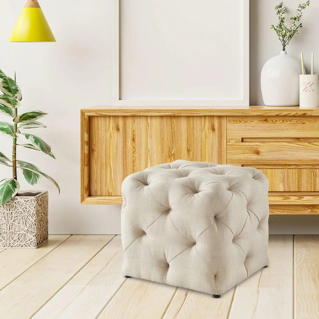 DOE BUCK SQUARE TUFTED VELVET OTTAMAN/POUFEE IN CREAM - Ouch Cart