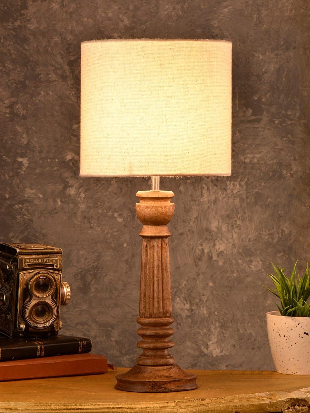 Pillar Brown Lamp with White Cotton Shade - Ouch Cart