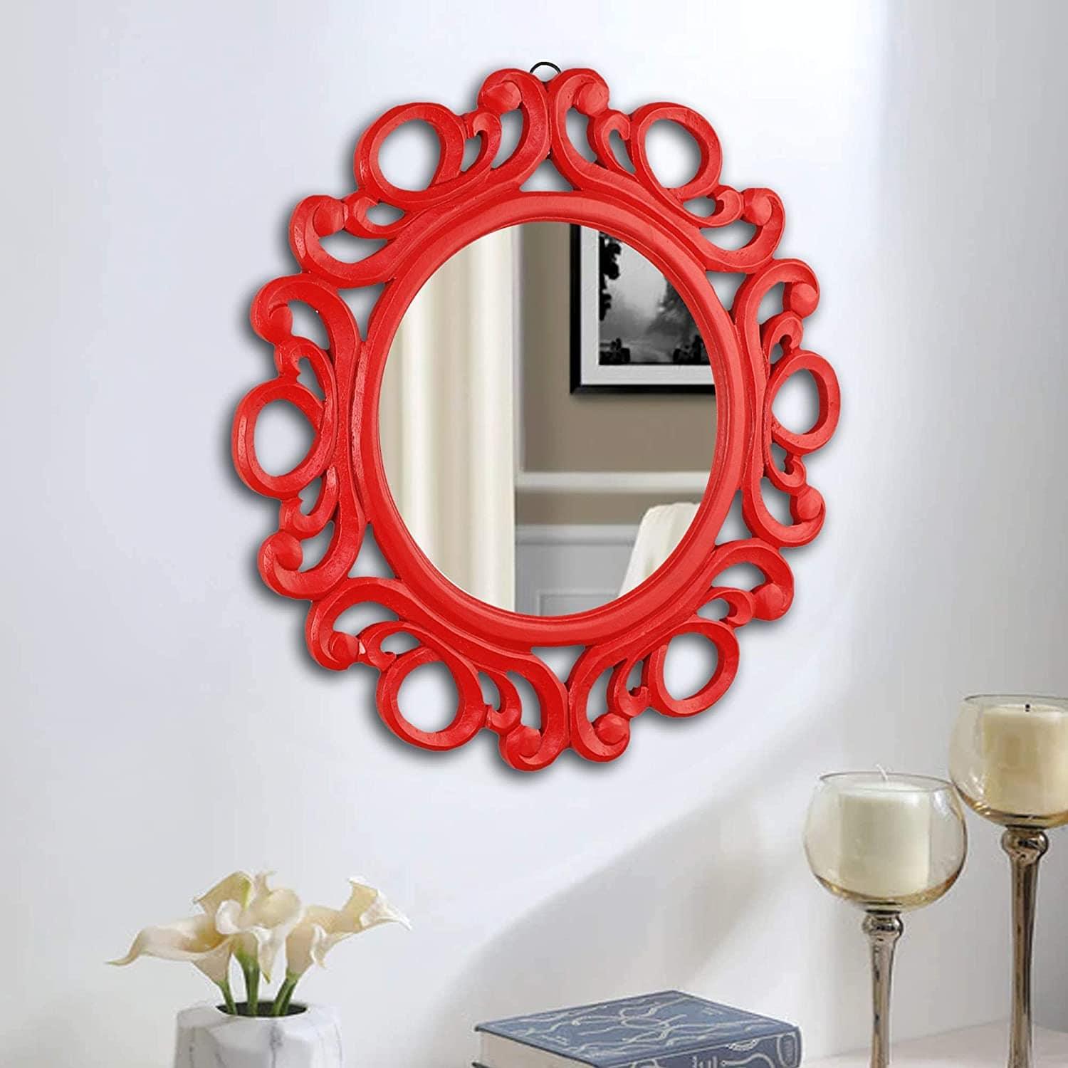 Handcrafted Wood Wall Mirror (50.8 cm x 50.8 cm x 2.5 cm, Red) - Ouch Cart