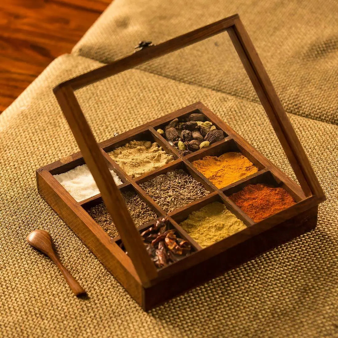 Sheesham Wooden Table Top Masala Dabba Containers Jars Cum Kitchen Spice Box with Spoon (Brown) - Ouch Cart